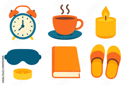Sleep Essentials Icons. Sleep Routine flat icon set: alarm clock, warm tea cup, book, eye mask, slipper pair, soft candle