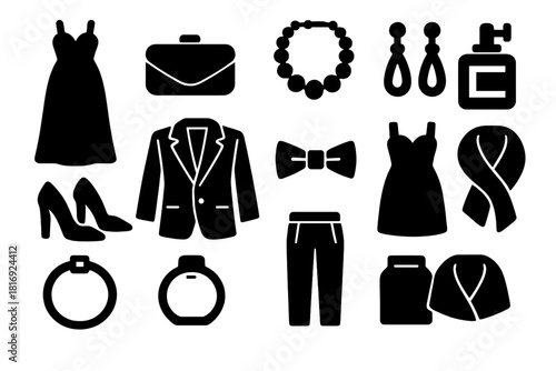 Brutalist Evening Icons. Evening Outfit silhouette icon set. gown, clutch bag, necklace, earrings, high heels, suit jacket, bow tie, perfume bottle, bracelet, tuxedo pants