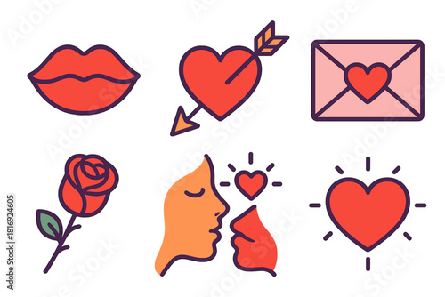 Valentine Icon Set. Valentine Kiss Set flat icon set: heart-shaped lips, cupid arrow icon, love envelope, rose stem, tender face silhouette, heart glow