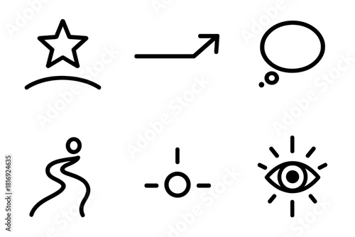 Aspirational Icon Journey. Aspirational Dream linear icon set: rising star, horizon line, goal arrow, hopeful bubble, aspiration spark, future path, upward dot, vision glow