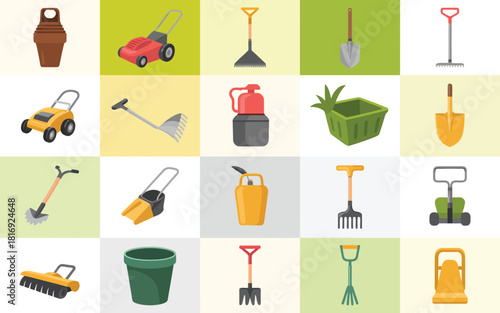 Collection of garden tools and equipment for yard work and horticulture