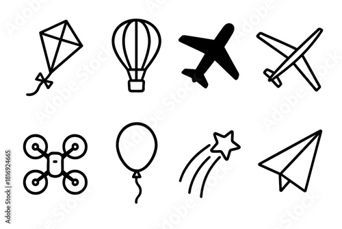 Sky Icons Silhouettes. Sky objects linear icon set: kite, hot air balloon, airplane silhouette, glider shape, drone outline, floating balloon, shooting star, paper plane