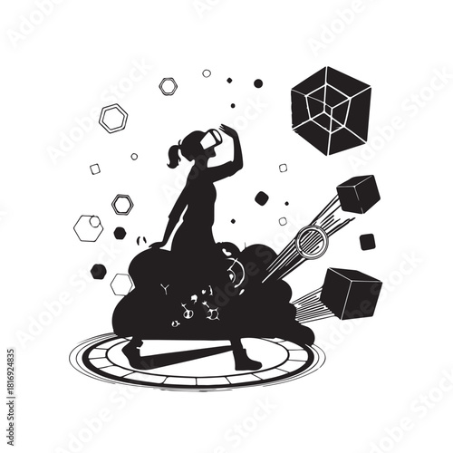 Silhouette of a person wearing V R headset interacting with abstract geometric shapes and cubes virtual reality