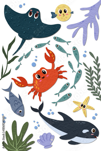 Illustrations of cute and adorable underwater creatures for children's wall decorations