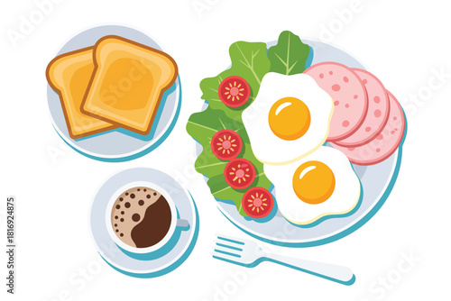 Healthy breakfast plate with fried eggs toast coffee and ham