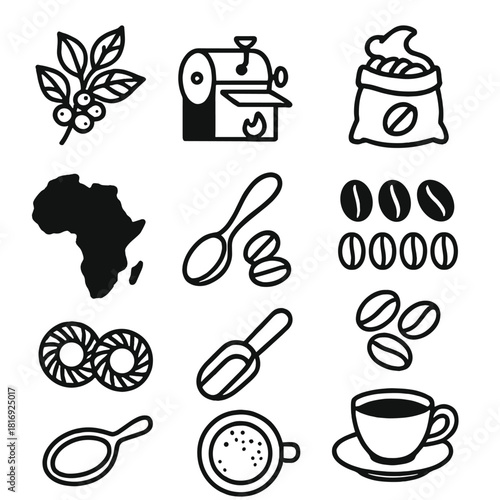 Coffee Journey Icons. Coffee Origins & Beans linear icon set. coffee branch with cherries, roasting drum, burlap sack, aroma swirl, world map of origins, tasting spoon, roast