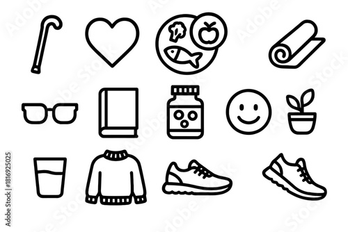 Healthy Aging Icons. Healthy Aging Essentials linear icon set: walking cane, heart icon, balanced meal plate, yoga mat, glasses, book, vitamins bottle, smile face, water glass