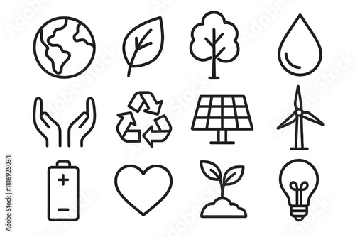 Eco-Friendly Icons. Environmental Protection linear icon set: globe, leaf, tree, water droplet, recycling arrows, hands, solar panel, wind turbine, battery, heart, plant, light