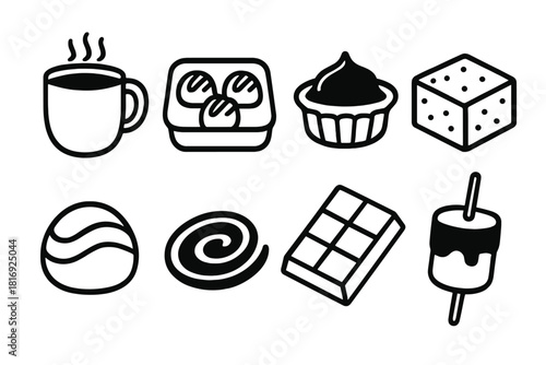 Chocolate Treat Icons. Chocolate Treats linear icon set. cocoa mug, truffle set, chocolate tart, brownie, bonbon, melted chocolate swirl, candy bar, dipped marshmallow