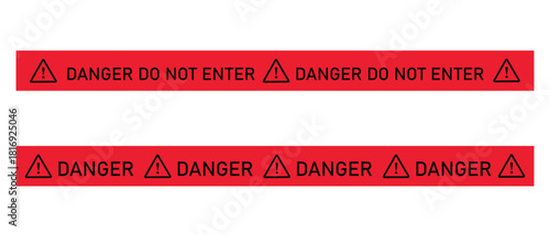 Red danger tape design with bold warning text and symbols for hazard, safety, caution and restricted areas.