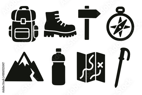 Brutalist Hiking Icons. Hiking Concept silhouette icon set: backpack, hiking boots, trail sign, compass, mountain peak, water bottle, map, walking stick