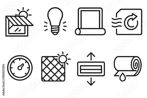 Eco-Friendly Cooling Icons. Energy-Efficient Cooling Practices linear icon set: sun-blocking shade, low-heat lamp, window draft blocker, cool airflow tile, temperature dial