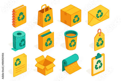 Isometric Recycled Paper Icons. Recycled paper products flat icon set: notebook, paper bag, cardboard box, envelope, tissue roll, folder, paper cup, label tag, paper sheet, carton