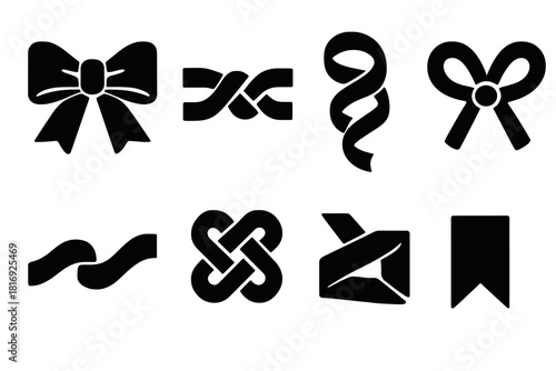 Brutalist Ribbon Icons. Ribbon craft silhouette icon set : ribbon bow, tied knot, curled ribbon, looped bow, ribbon strand, decorative knot, folded ribbon, ribbon end
