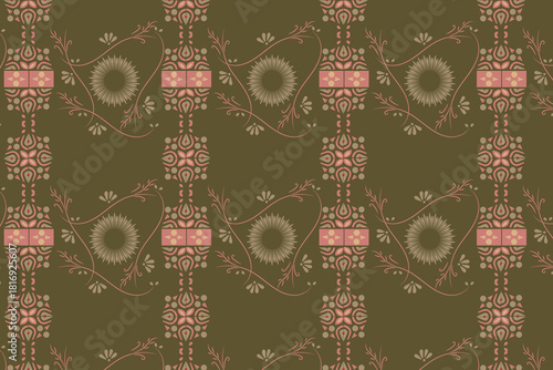 A muted Moss green and brown floral-geometric motif, best for warm winter textiles or subtle natural product packaging.