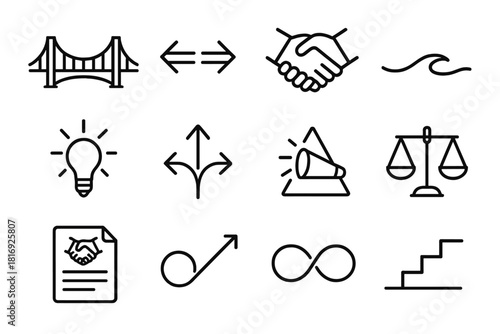 Symbolic Conflict Resolution Icons. Conflict Resolution Approaches linear icon set: bridge icon, aligned arrows, handshake symbol, calm wave, solution spark, merged path, clarity