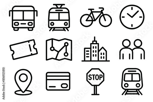 Urban Transit Icons. Commuter Transport linear icon set: bus, tram, bicycle, subway, clock, ticket, route map, city skyline, people icon, location pin, card, stop sign