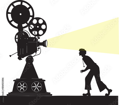 Silhouette of a vintage film projector casting a beam of light on a person cinema movie