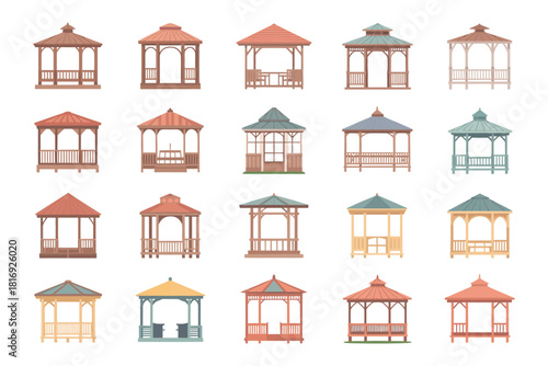 Collection of colorful outdoor gazebos and pavilions in various designs