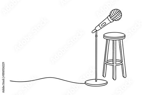 Microphone and Stool Stand Line Drawing Vector Illustration