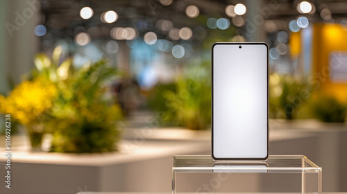 Modern smartphone with blank illuminated screen displayed on transparent stand in bright technology showroom with blurred colorful background lights and greenery