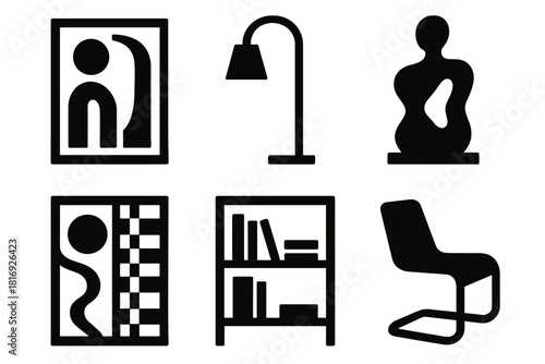Brutalist Interior Icons. Stylish Interior silhouette icon set : wall art, floor lamp, sculpture, patterned rug, bookshelf, modern chair