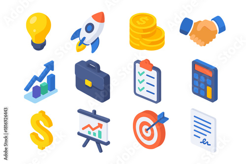 Startup Icons Set. Startup investment icons flat icons set. light bulb, rocket, coin stack, handshake, growth chart, briefcase, clipboard, calculator, dollar sign, presentation