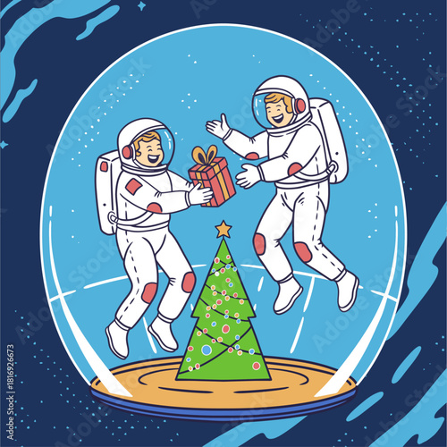 Space Age Christmas - Astronauts Celebrating Holiday and Exchanging Gift Inside Snow Globe