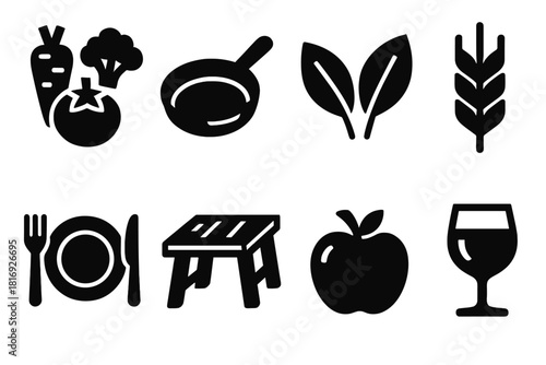 Bold Farm-to-Table Icons. Farm-to-Table Dining silhouette icon set. organic vegetables, chef’s pan, garden leaves, wheat stalk, plate with utensils, rustic table, apple, wine glass