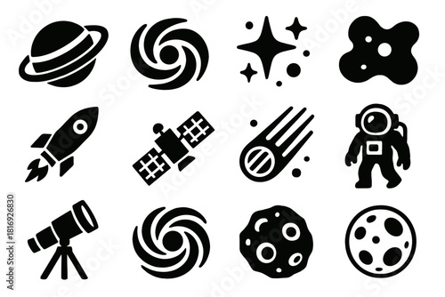 Interstellar Icons Set. Interstellar Galaxy silhouette icon set. planet, galaxy, star cluster, nebula, rocket, satellite, comet, astronaut, telescope, black hole, asteroid, moon.