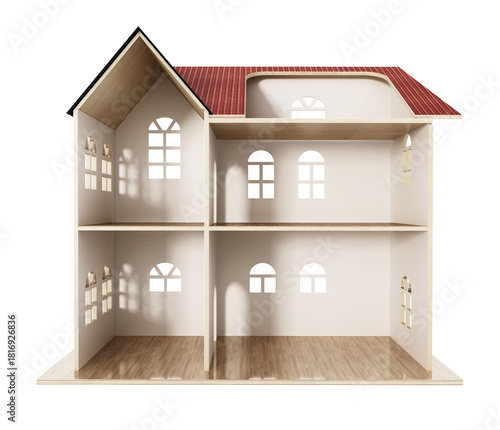 Classic wooden dollhouse isolated on transparent background. 3D illustration