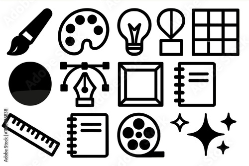 Bold Design Icons. Creative Measurement silhouette icon set. paintbrush, color palette, idea bulb, design grid, gradient circle, pen tool, art frame, sketchbook, ruler, notebook