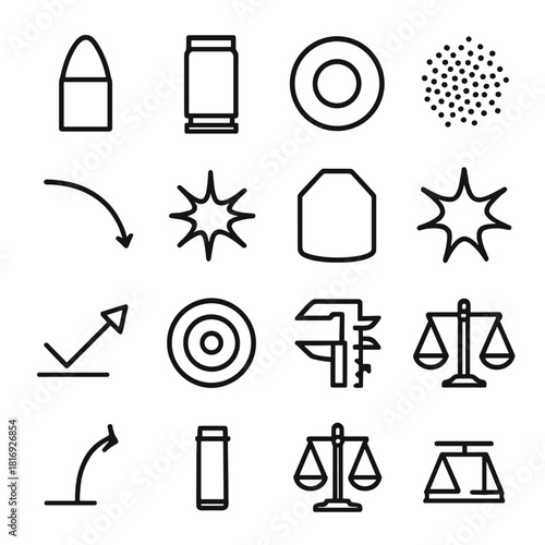 Ammunition Breakdown Icons. Ammunition Symbolic Breakdown linear icon set: bullet tip, brass casing, primer base, powder core, trajectory arc, impact mark, armor plate, expansion