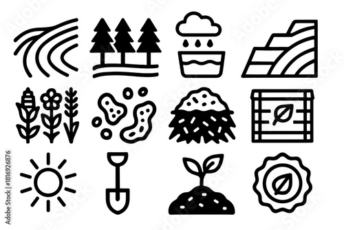Bold Agroecology Icons. Agroecology practices silhouette icon set. contour plowing, tree line, rainwater collection, terraced hill, crop diversity, soil bacteria, mulch cover
