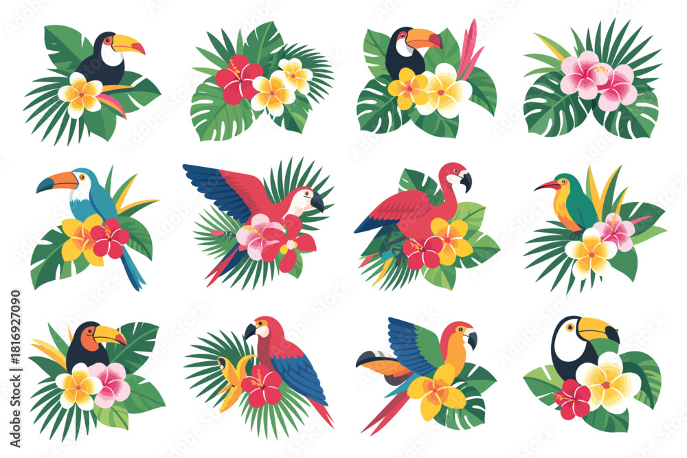 Fototapeta premium Collection of tropical birds and exotic flowers in vibrant colors