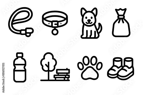Pet Walking Essentials. Pet Walking Icons linear icon set. leash, collar, dog, poop bag, water bottle, park, paw print, shoes.