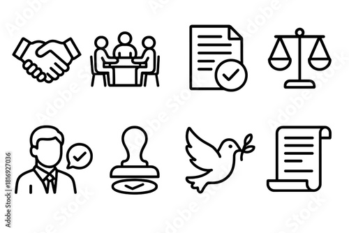 Peaceful Resolution Icons. Dispute Resolution linear icon set. handshake, mediation table, agreement papers, balance symbol, legal advisor, stamp of approval, peace dove, document