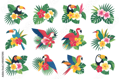 Collection of tropical birds and exotic flowers in vibrant colors