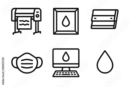 Print Studio Icons. Modern Print Studio linear icon set: printer, screen frame, squeegee, mask, computer, color drop