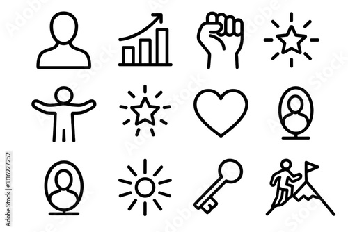 Empowerment Icons. Self-Empowerment linear icon set: person silhouette, growth chart, raised fist, open arms, star, motivational quote, heart, mirror, light rays, key, mountain