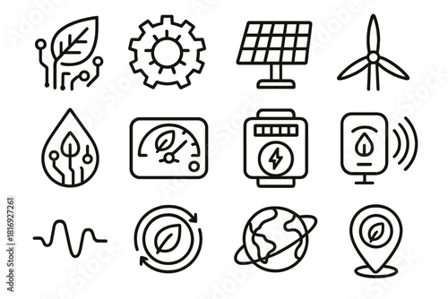 Eco Tech Icons. Green Tech Collection linear icon set: eco circuit, renewable gear, solar cell, turbine blade, water droplet tech, eco dashboard, energy meter, smart sensor, green