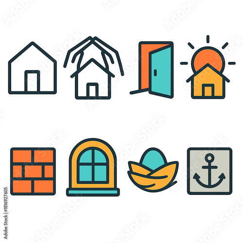 Modern Shelter Icons. Shelter Icons Set flat icon set: house outline, protective roof, open doorway, warm light, sturdy wall, cozy window, safe nest, anchor block