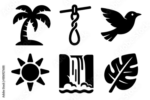 Tropical Adventure Icons. Tropical Zipline silhouette icon set: palm tree, rope, bird, sun, waterfall, leaf