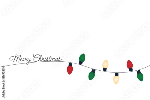 Merry christmas handwritten text with colorful string lights on white background