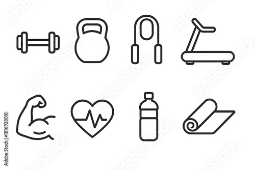 Fitness Icon Set. Physical Training linear icon set: dumbbell, kettlebell, jump rope, treadmill, water bottle, muscle flex icon, heart rate, gym mat