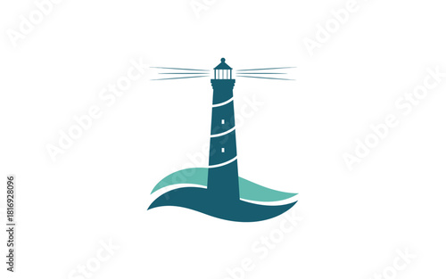 Stylized lighthouse with waves and light beams illustration
