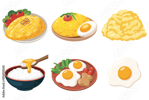 Collection of delicious egg and rice dishes with fresh garnishes