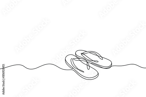 Minimalist line art drawing of flip flops on a sandy beach