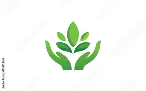 Green hands holding a growing plant symbolizing growth and nature