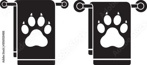 Two black towels with paw print silhouette